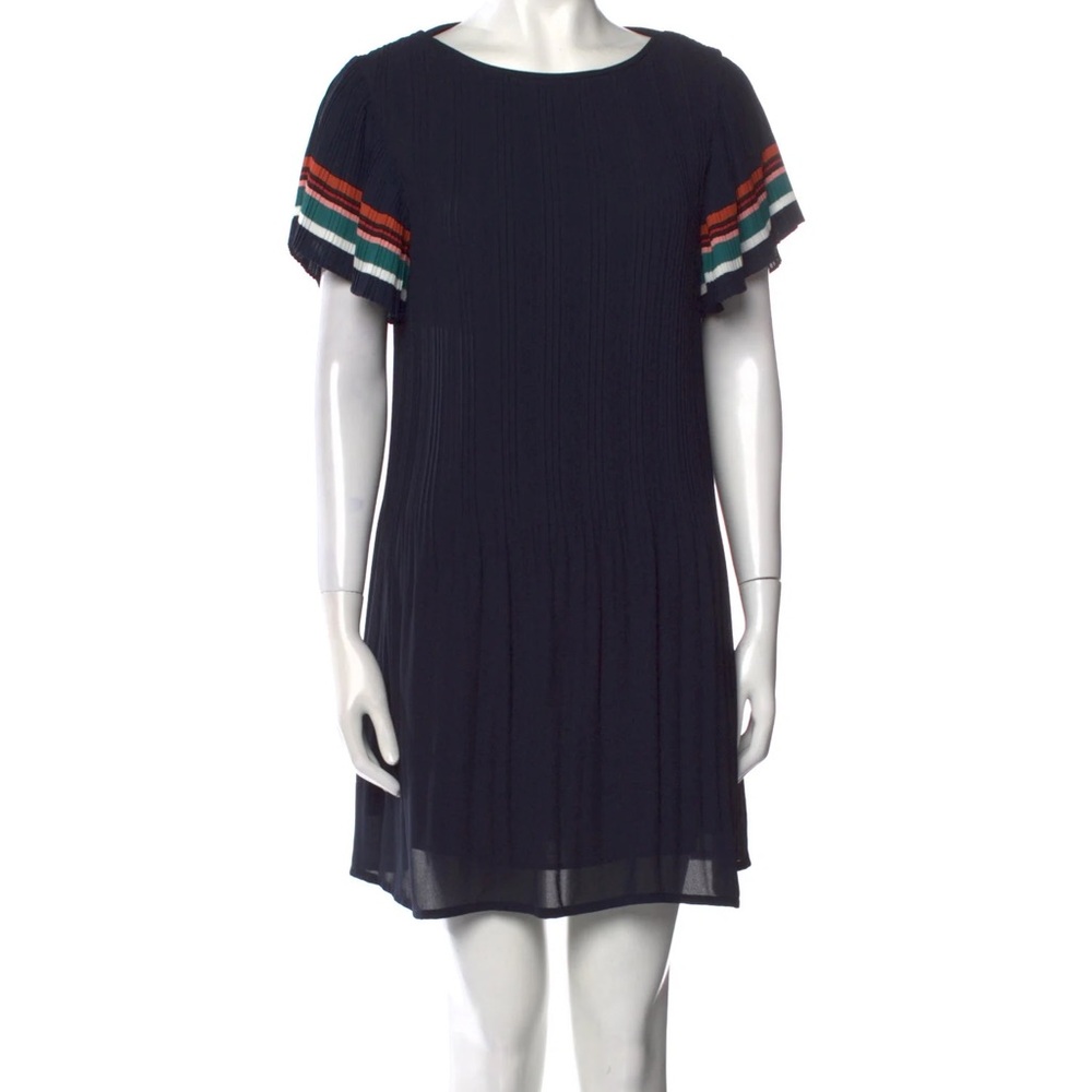 Maje Rolini Pleated Mini Dress Navy Stripe Flutter Sleeves Size 1/Small